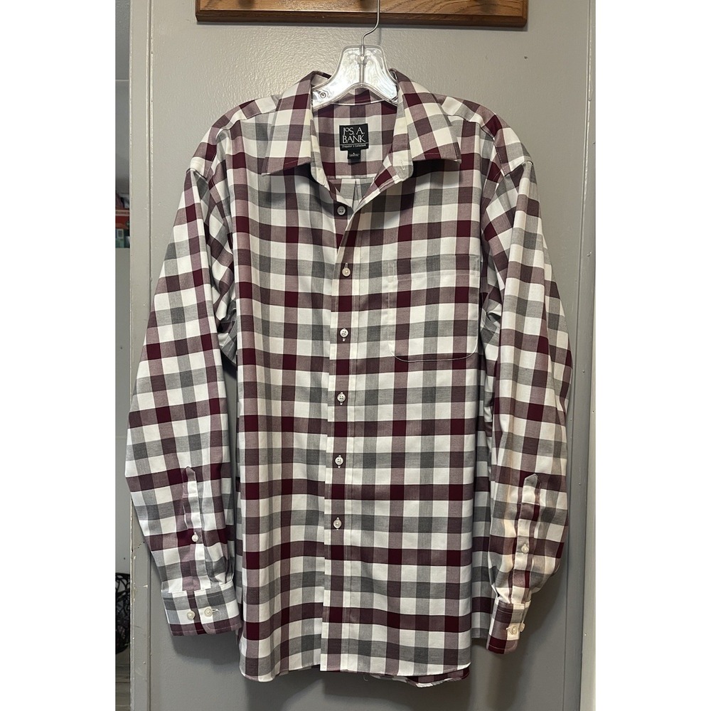 JOS A BANK Traveler's Collection Burgundy/white Button Down Shirt Mens L Cotton